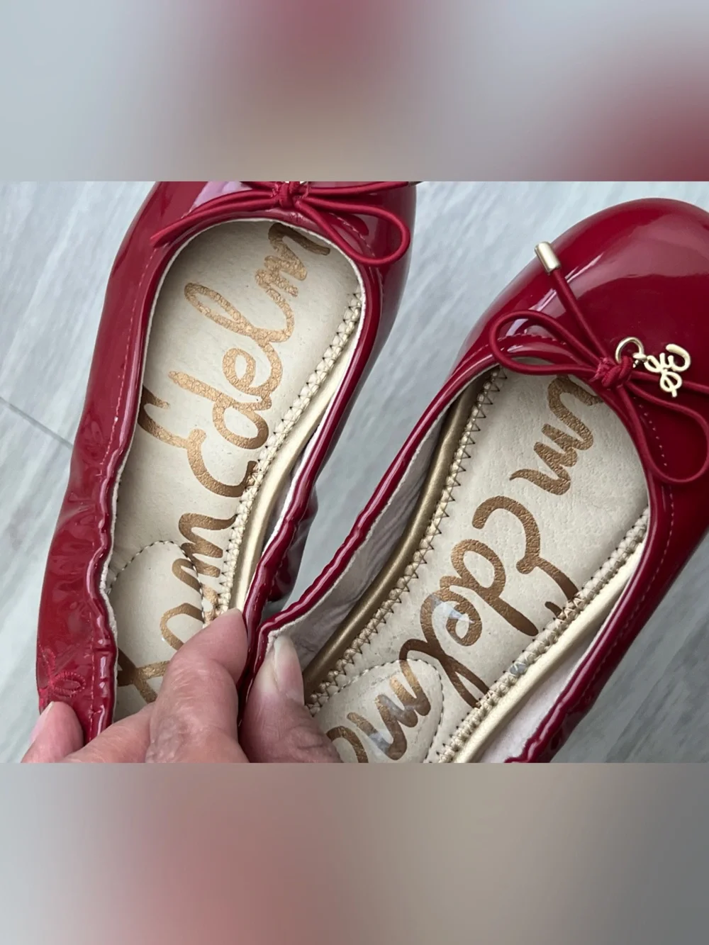 Sam Edelman Felicia Kids Red Patent Ballet Flats Bow Gold Charm Size 11
